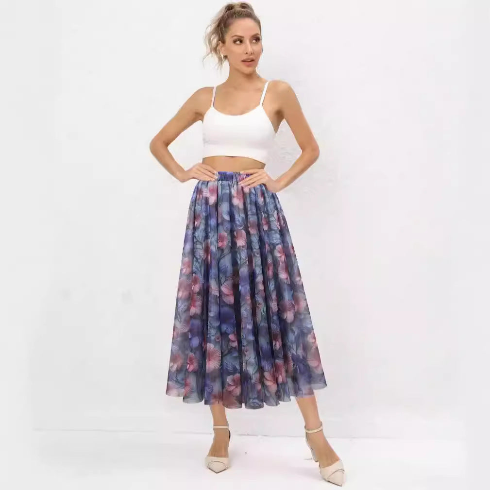 Mid Length Floral Print Skirt Tiered A Line Skirt Long Skirt Wide Hem Flowy Mid Length Skirt