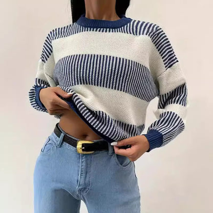 Women Pullover Blouse Autumn Winter Casual Loose Classic Contrast Color Striped Color Matching Sweater for Women