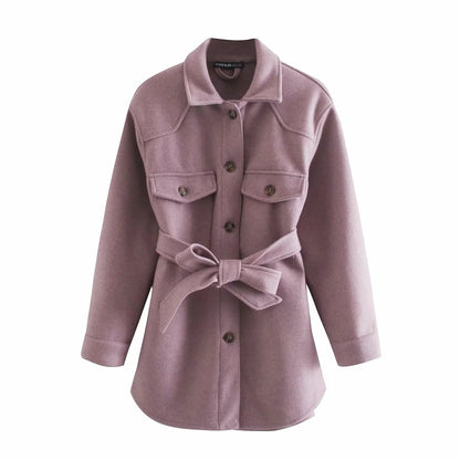 Fall Lapels Single-Breasted Belt Waist Slim Mid-Length Woolen Coat Top Women