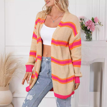 Contrast Color Knitted Cardigan Sweater for Women Fall Mid Length Striped Single Breasted Coat for Women