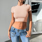 Women Clothing Spring Summer Solid Color Slim Fit Cropped Short Sleeve Top