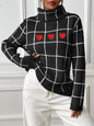 Lady Pullover Tops Women Clothing Woven Shirt Bottoming Shirt Color Contrast Check Love Stickers Turtleneck Sweater