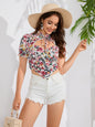 Summer Printed Wooden Ear Hanging on Neck Lace up Short Sleeved T shirt Women Shirt Top