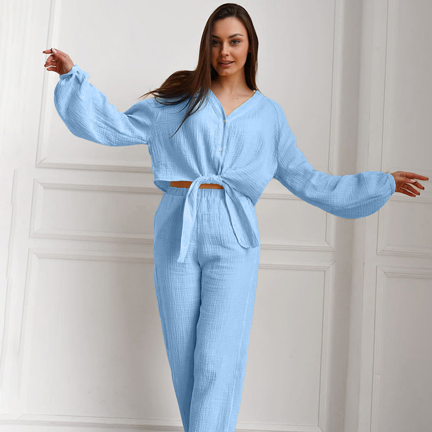 Autumn Winter Blue Color Simple Outdoor Long Sleeved Trousers Pajamas Two Piece Set Home Wear for Women