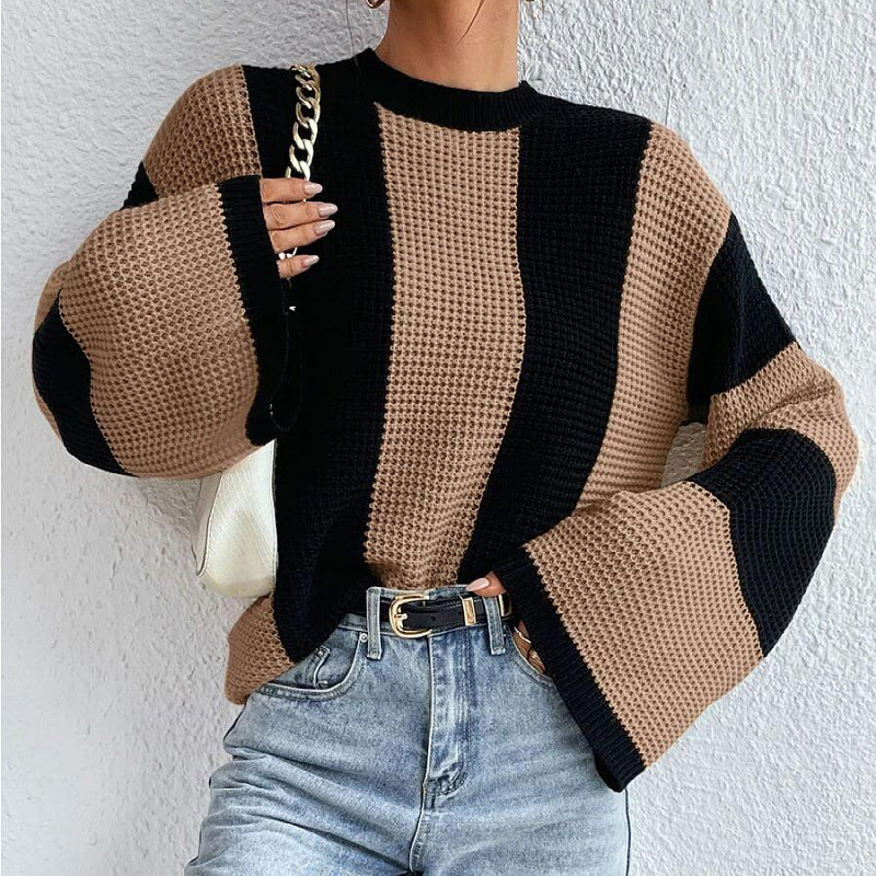 Autumn Winter Western Knitted Sweater Top Round Neck Striped Niche Sweater Coat Women