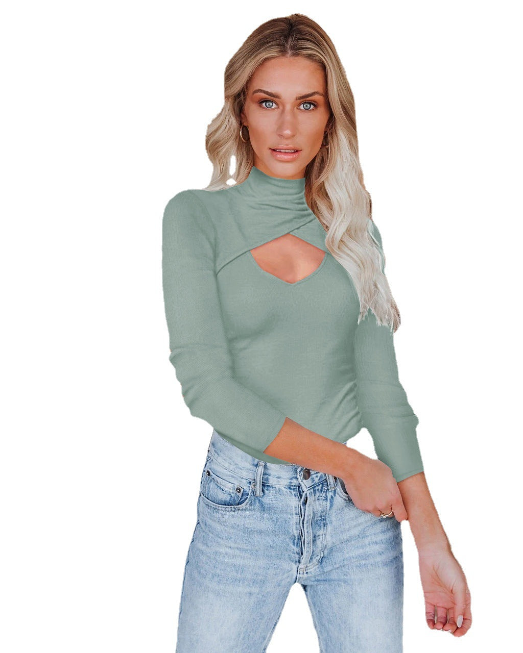 Women Wear Sexy Hollow Out Cutout Turtleneck Long Sleeve Thread Fitted Top Small Sunken Stripe Pullover