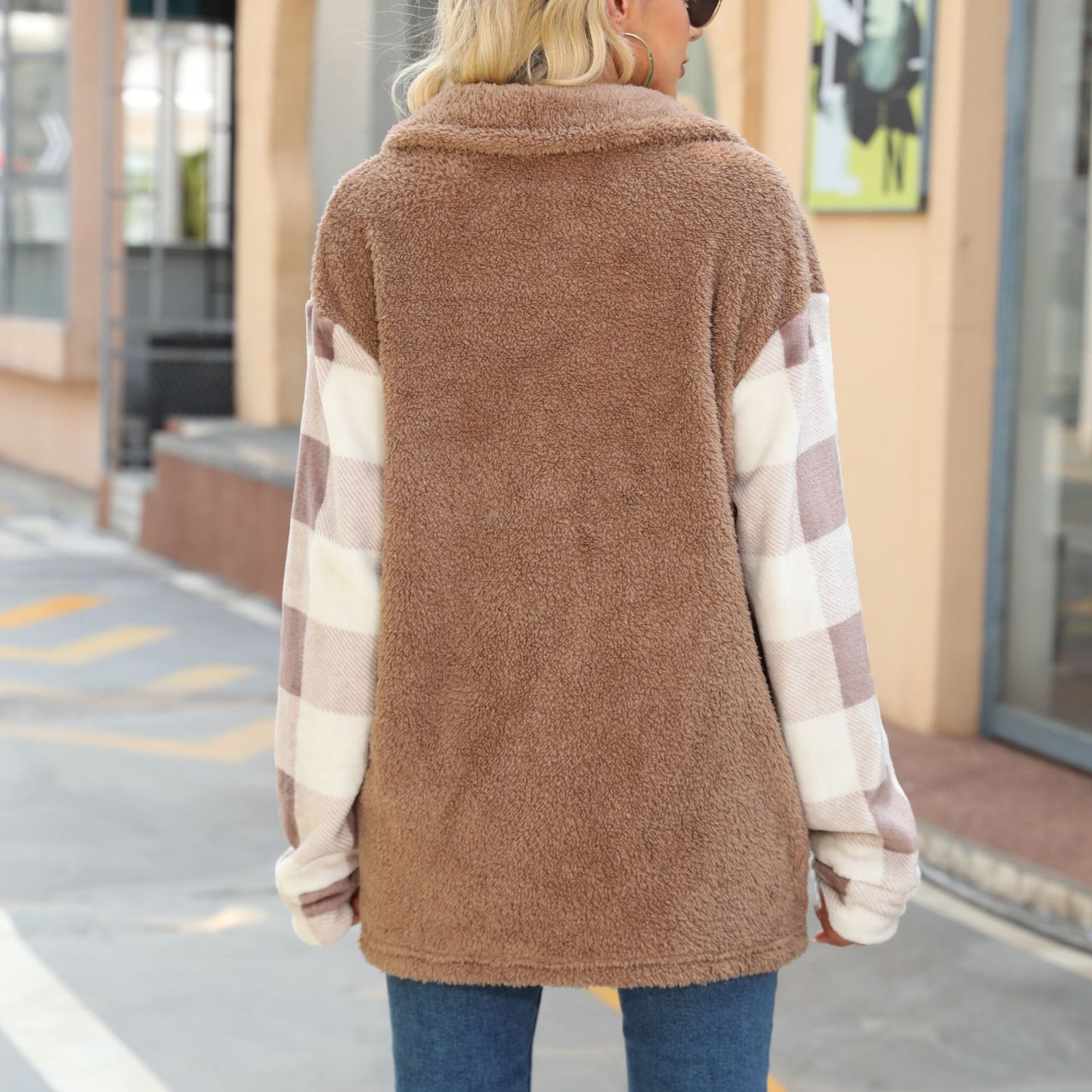 Autumn Clothing Women Coat Plush Coat Collared Long Sleeve Plush Stitching Flannel Plaid Long Shirt