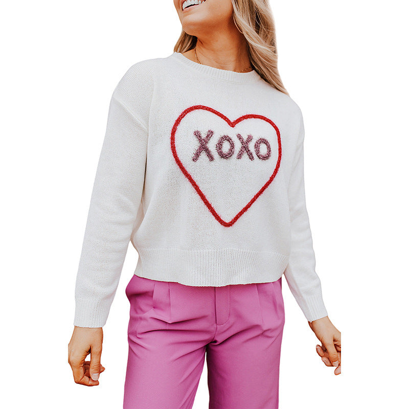 Simple Loose Heart Shaped Printed Long Sleeved Top Women Pullover round Neck All Matching Sweater Women