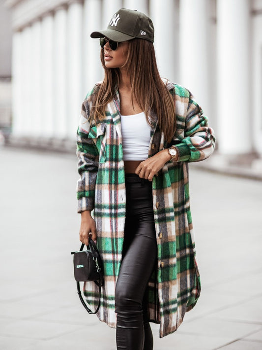 Autumn Winter Polo Collar Single-Breasted Long Sleeve Plaid Shacket Coat