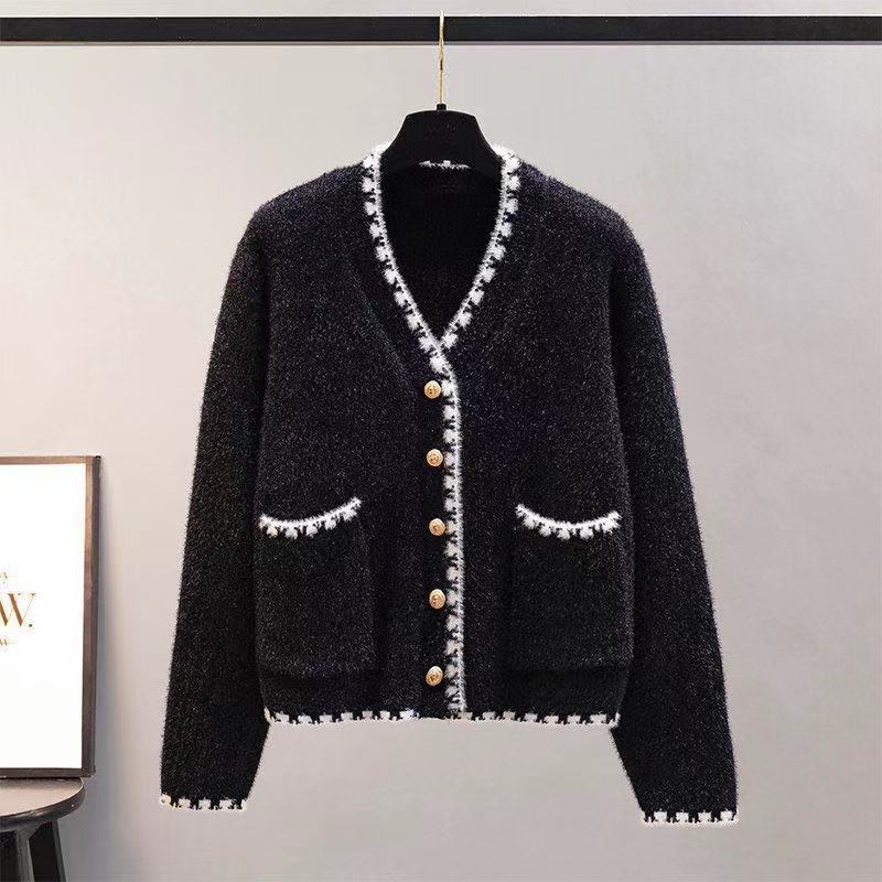 Classic Knitted Cardigan Women Autumn Winter Chenille Mink Velvet V Neck Sweater Women Coat