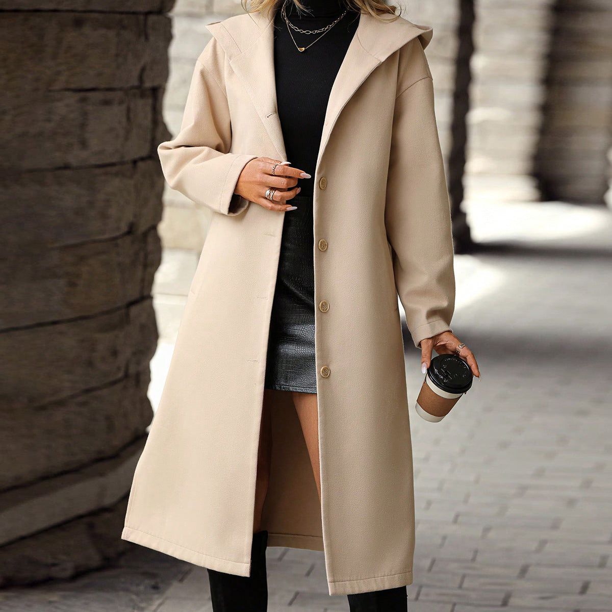 Office Single Breasted Mid Length Plush Trench Coat Loose Hooded Coat for Women