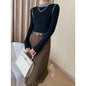 Sinan High Grade Shoulder Streamline Design Fashionable French Contrast Color Slim Fit Bottoming Sweater Slimming