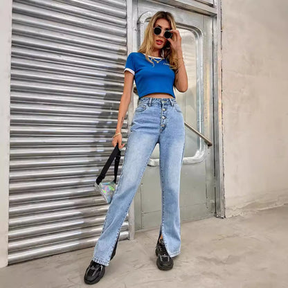 Women Clothing Straight Loose High Waist Slit Jeans Trousers