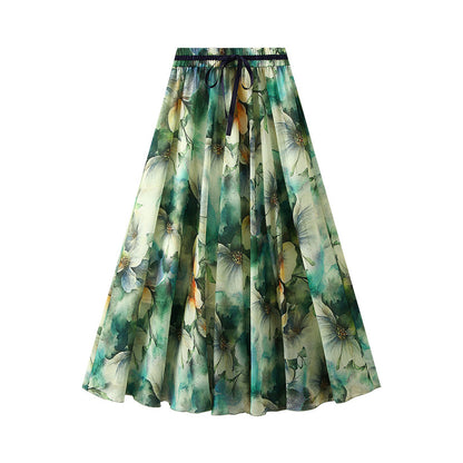 Summer Korean Floral Print Skirt Large Swing A line Wild High Waist Long Skirt for Women