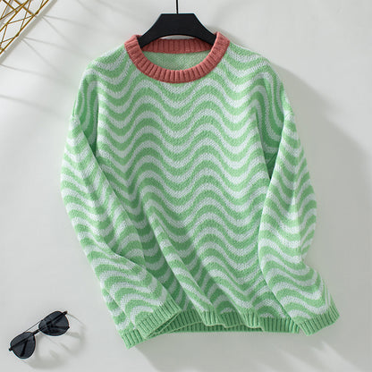 Women Clothing Autumn Winter Contrast Color Knitwear Chevron Wave Striped Sweater