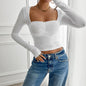 Autumn Winter Elegant Slim Pleated Knitted Long-Sleeved Top T shirt Women Clothing