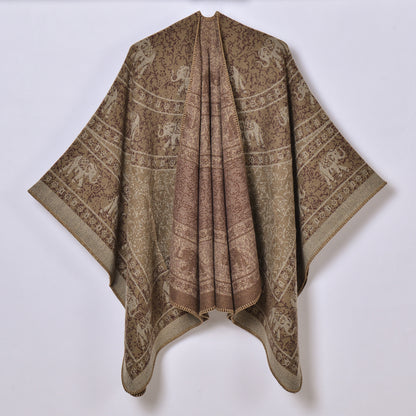 Retro Ethnic Thickened Warm Shawl Women Jacquard Split Cloak Knitted Outerwear