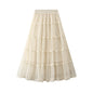 High Waist Mid Length Multi Layer Mesh Stitching Lace Tiered Dress Big Hem Skirt Women