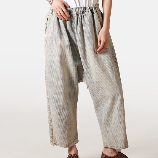 Distressed Cropped Jeans Ethnic Washed Striped Jeans Loose Japanese