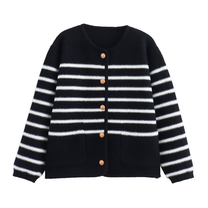 Women Clothing Autumn Winter Classic Vintage Stripe Knitted Cardigan All-Matching Graceful Knitted Coat for Women