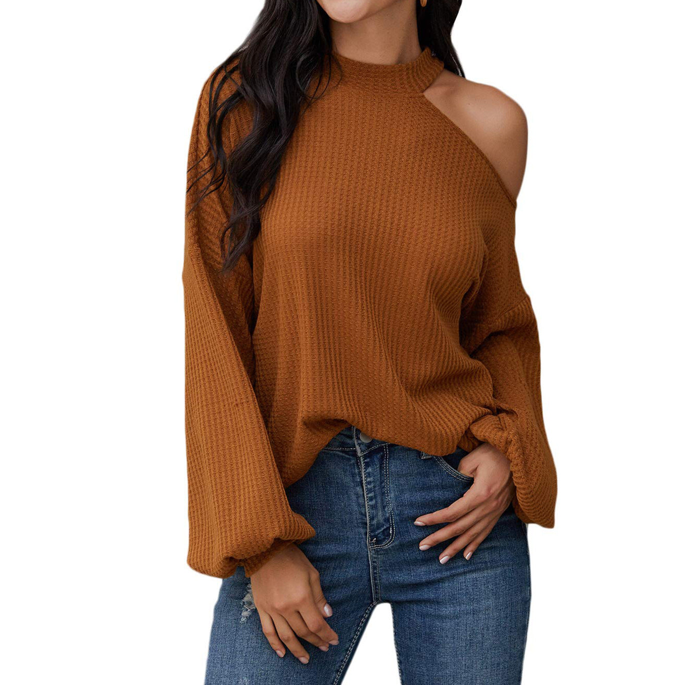 Women Clothing Women Waffle Knit Tunic Top off Shoulder Long Sleeve Loose Shirt