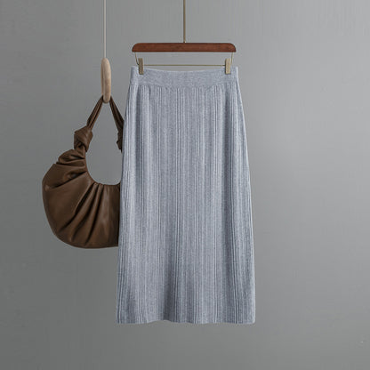 Back Slit Knitted Sunken Stripe Skirt Solid Color Elastic Waist Elastic Hip Elegant Slimming Wool Skirt Autumn