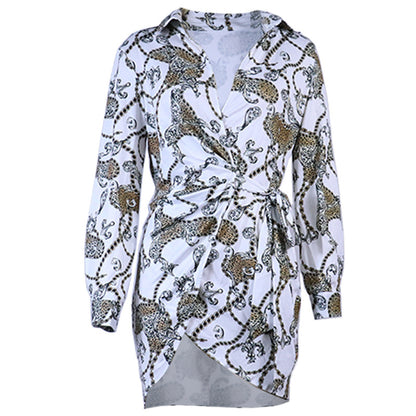 Baroque Nightclub Slim Fit Sexy Women Clothing Collared Long Sleeve Printed Dress