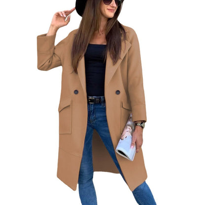 Autumn Winter Solid Color Long Sleeve Blazer Collar Button Pocket Woolen Coat Women