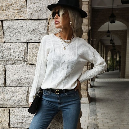 Autumn Winter Women Twist Long Sleeve White Sweater