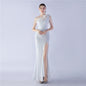 Ostrich Hair Craft Oblique Shoulder Side Slit High End Evening Dress