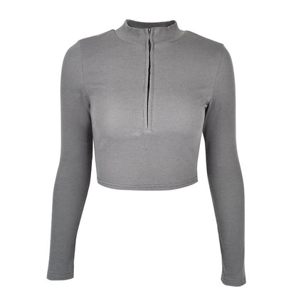 Spring Long Sleeve Top Sexy Women Zipper Bare Cropped Slim Fit Figure T Shirt Top