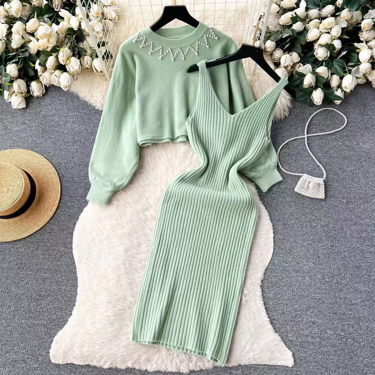 Crew Neck Beaded High Waist Short Exposed Cropped Two Piece Sweater Sexy Knitted Vest Dress Sets Women