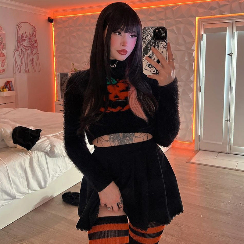 Women Clothing Autumn Winter Sexy Halloween Pumpkin Head Short High Quality Sweater