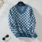 V Neck Pullover Plaid Women Sweater Autumn Winter Casual Loose Long Sleeve Sweater