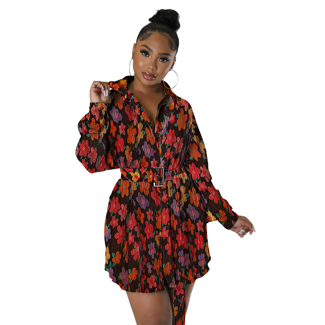 Women Clothing Pleated Print Cinched Blouse Belt Dress