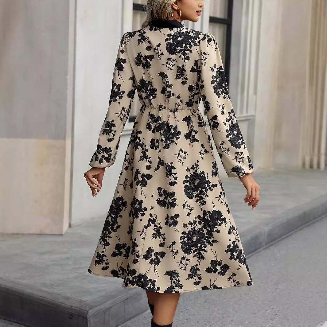 Women Spring Autumn Elegant Floral Tight Waist Dress Women Clothing