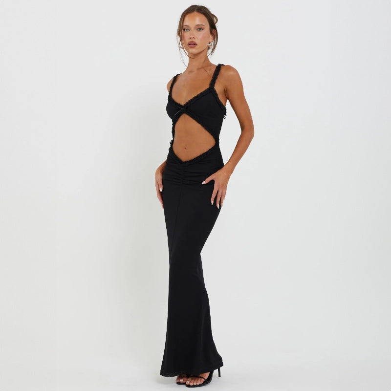 Summer Suspender Wooden Ear Collarless Cropped Sexy Slim Fit Jumpsuit Maxi Dress Women