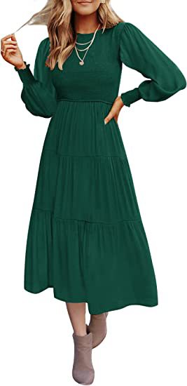 Women Clothing Popular Long Sleeve Pleating Layered Short Sleeve Large Swing Dress