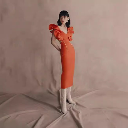 Summer Elegant Orange Retro Bandage Midi Dress High End Dress