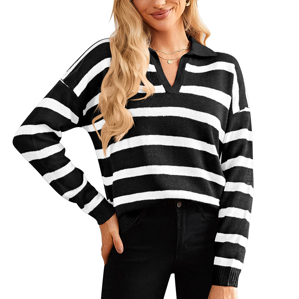 Autumn Winter Women Clothing Polo Collar Stripes Contrast Color Long Sleeves Casual Sweater