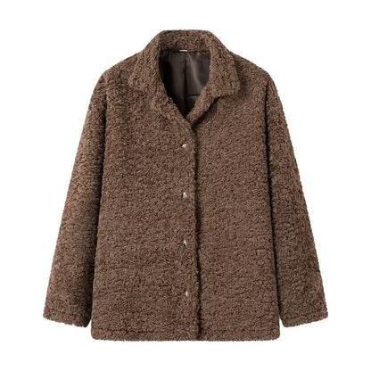 Women Clothing French Loose Lapels Buttons Decoration Big Wool Terry Coat