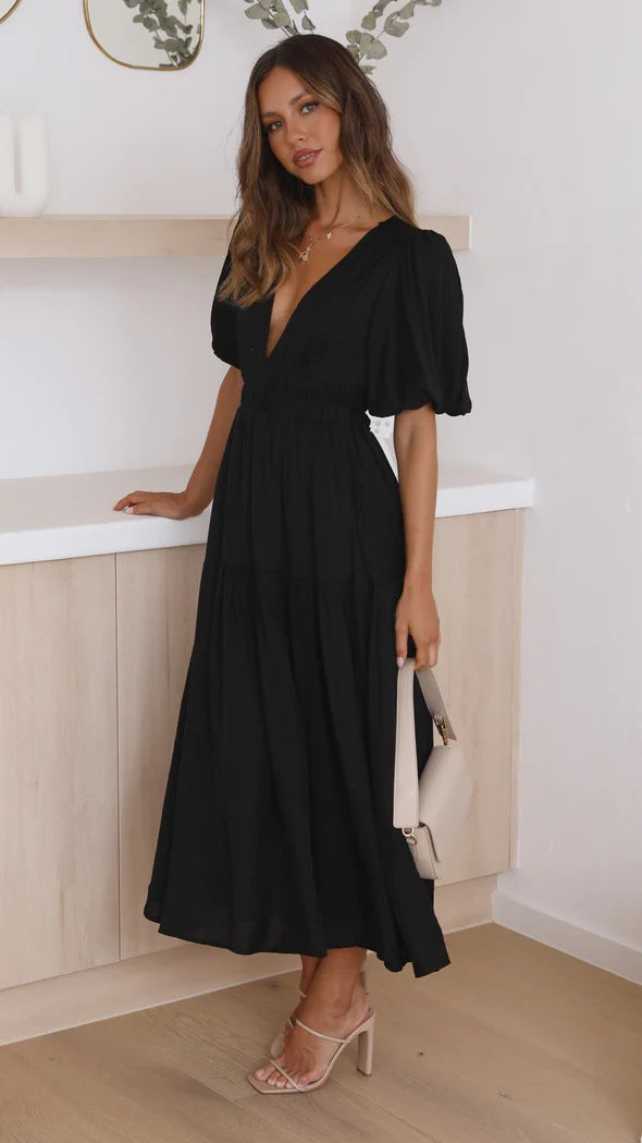 Casual Trends Summer V neck Tight Waist Mid Length Dress