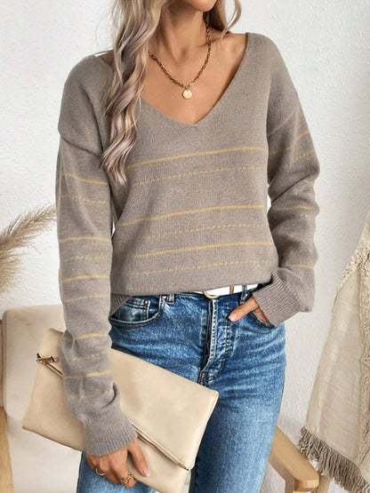 Spring Autumn Women Knit Shirt Striped All Matching Loose Pullover V neck Sweater Women