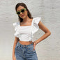 Women Clothing Backless Lace up Ruffle Sleeve Fresh Sweet Square Neck T-shirt Vest Sleeveless Top