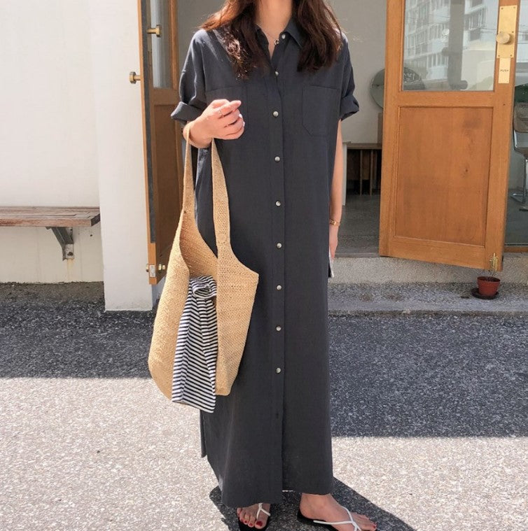 Korean Summer Short Sleeve Long Pattern Dress Loose Lazy Over The Knee Shirt Dress Women