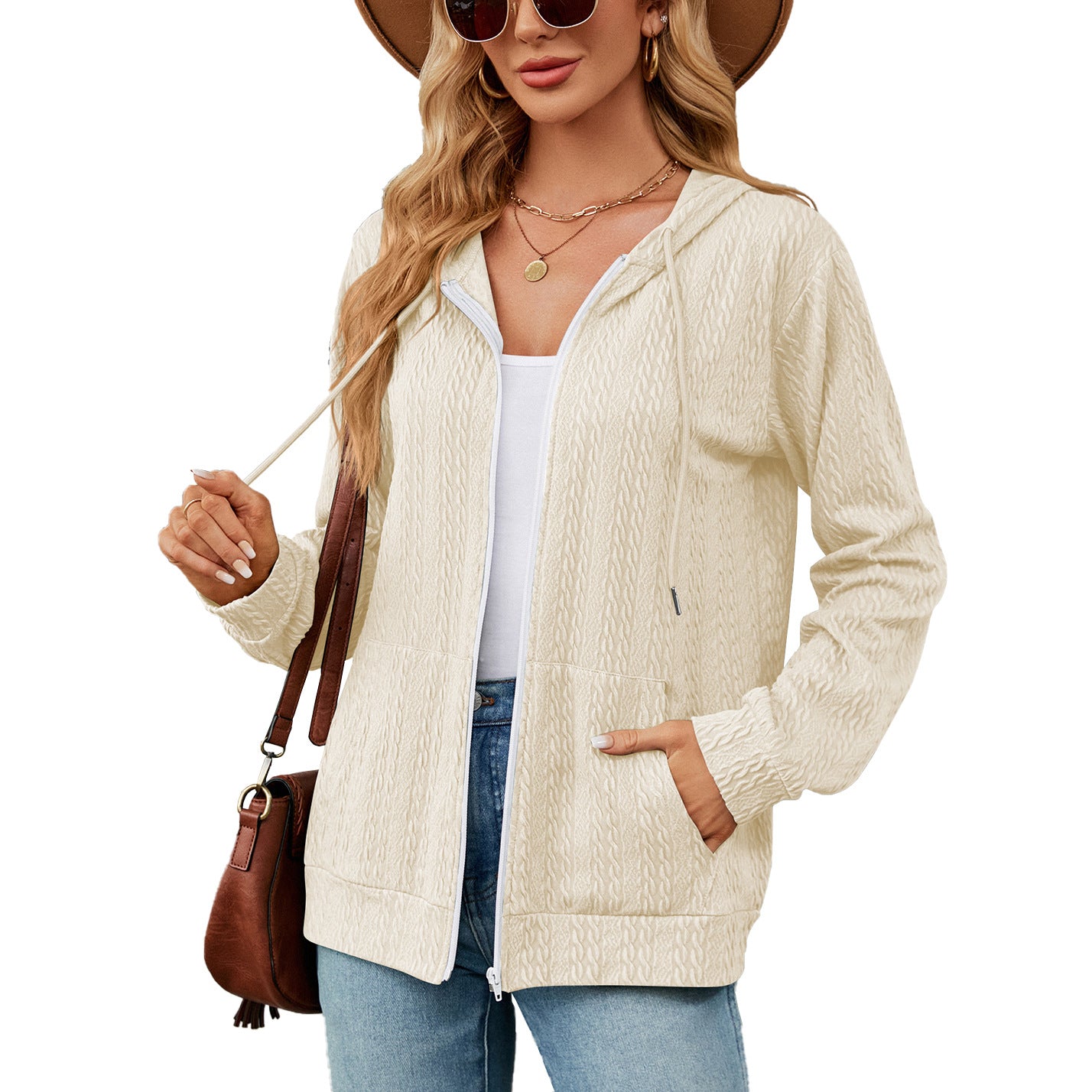 Autumn Winter Loose Long Sleeve Hooded Zip Cardigan Pocket Sweatshirt Women