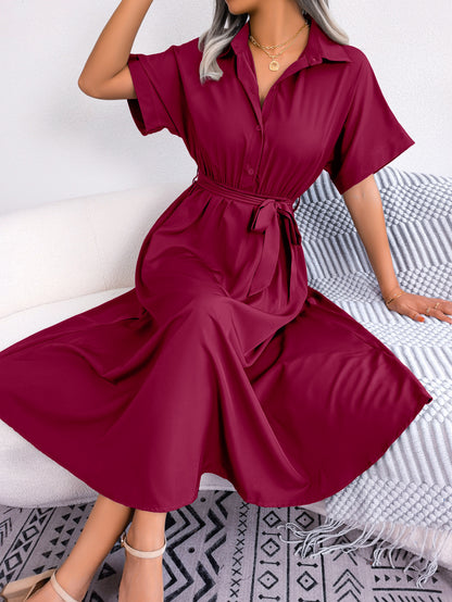 Summer Casual Loose Solid Color Tied Shirt Dress Maxi Dress Women Clothing