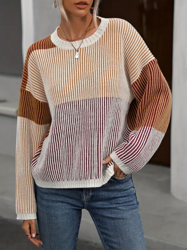 Autumn Winter Knitwear Women Round Neck Striped Loose Top Sweater for Women