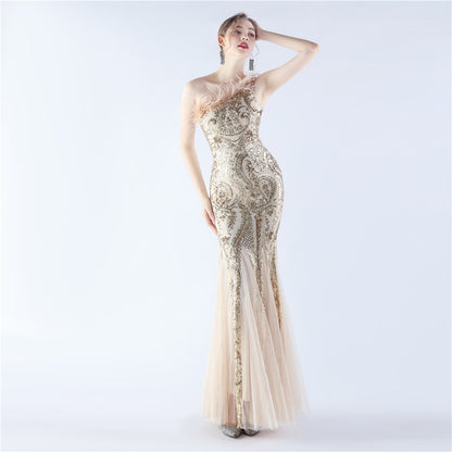 Craft Order Ostrich Feather Mesh Stitching Sequin High End Evening Dress