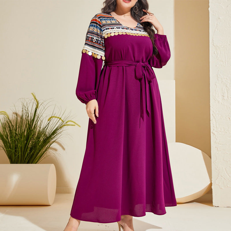 Plus Size Spring Autumn Retro Elegant Sequ Age Reducing Lace up Waist Controlled Maxi Dress